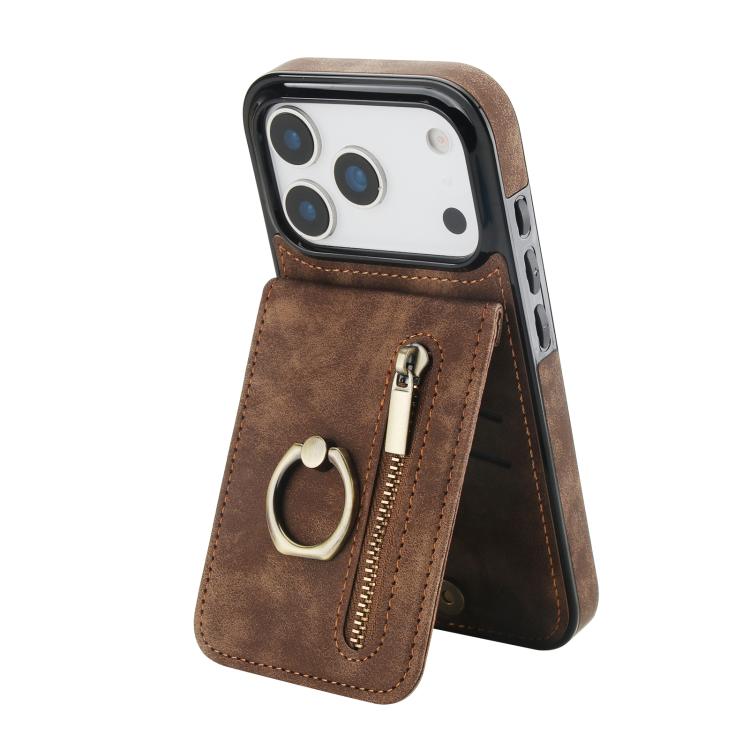For iPhone 17 Pro Max Retro Ring and Zipper RFID Card Slot Phone Case(Brown)