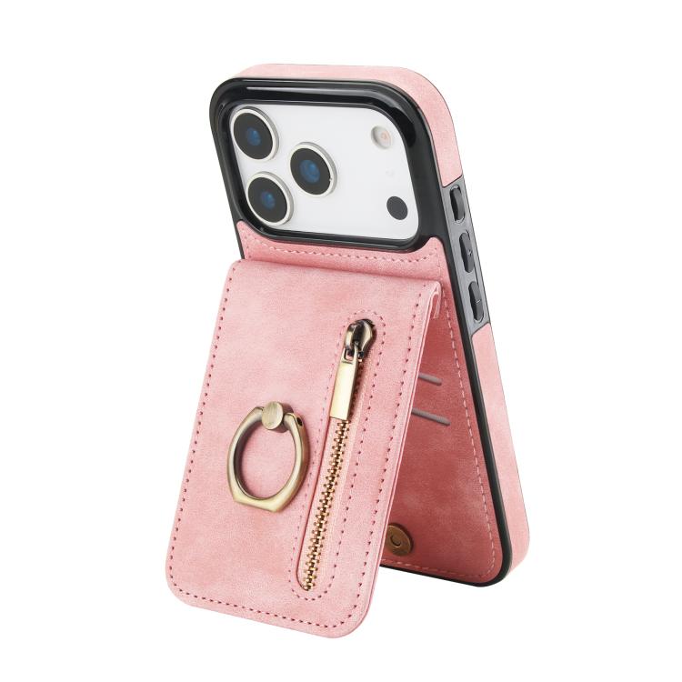 For iPhone 17 Pro Max Retro Ring and Zipper RFID Card Slot Phone Case(Pink)
