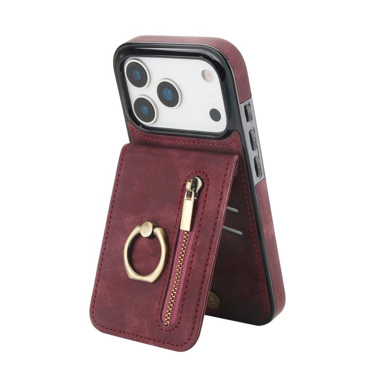 For iPhone 17 Pro Max Retro Ring and Zipper RFID Card Slot Phone Case(Wine Red)