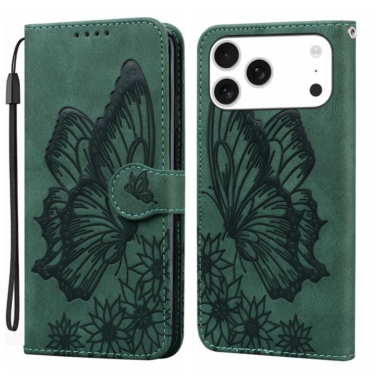 For iPhone 17 Pro Max Retro Skin Feel Butterflies Embossing Horizontal Flip Leather Phone Case(Green)