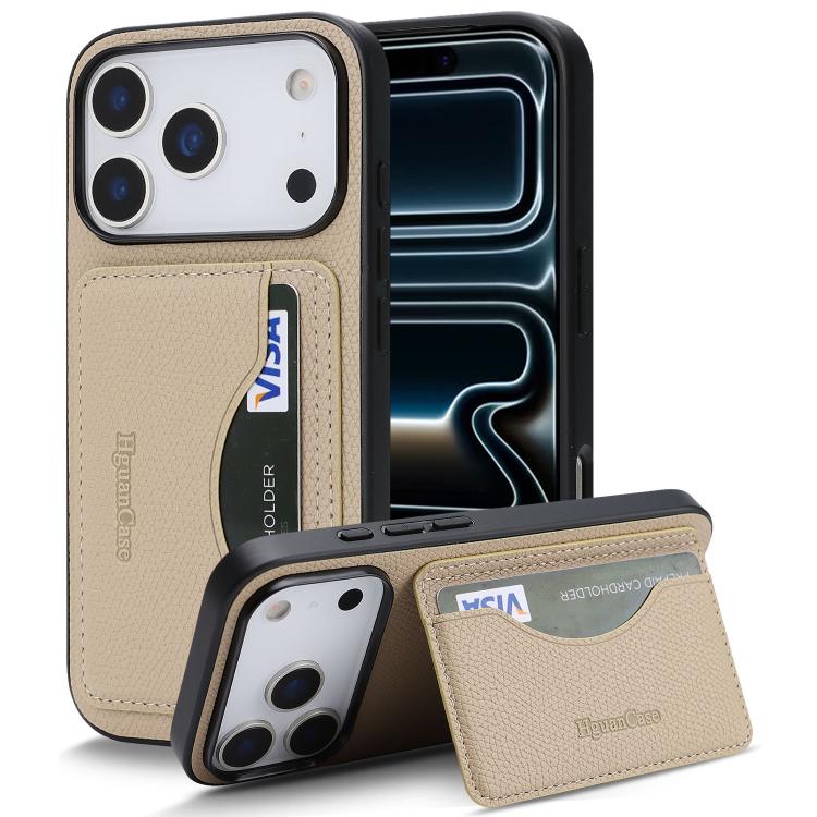 For iPhone 17 Pro Max Retro Vegan Leather Magnetic Card Holder Back Phone Case(Beige)