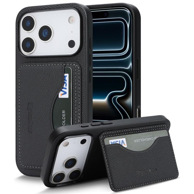For iPhone 17 Pro Max Retro Vegan Leather Magnetic Card Holder Back Phone Case(Black)