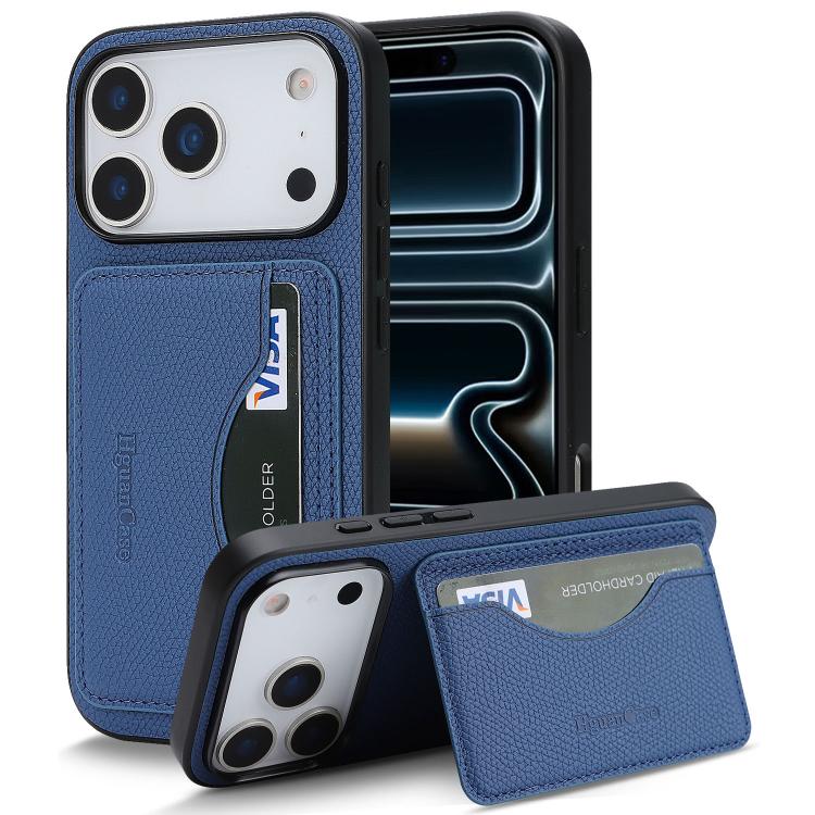 For iPhone 17 Pro Max Retro Vegan Leather Magnetic Card Holder Back Phone Case(Blue)