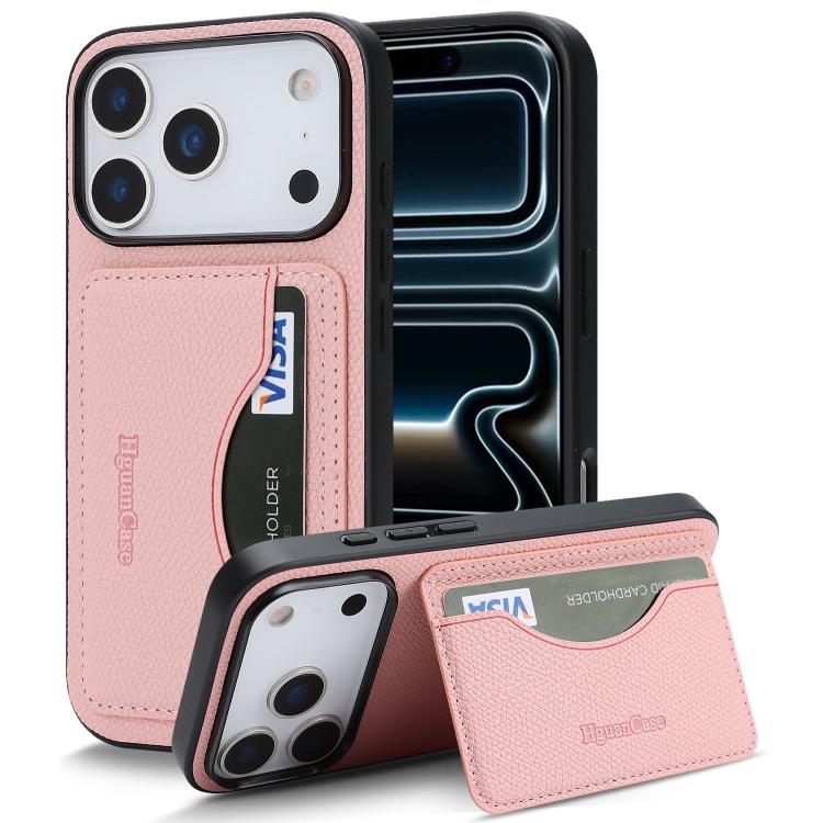 For iPhone 17 Pro Max Retro Vegan Leather Magnetic Card Holder Back Phone Case(Pink)