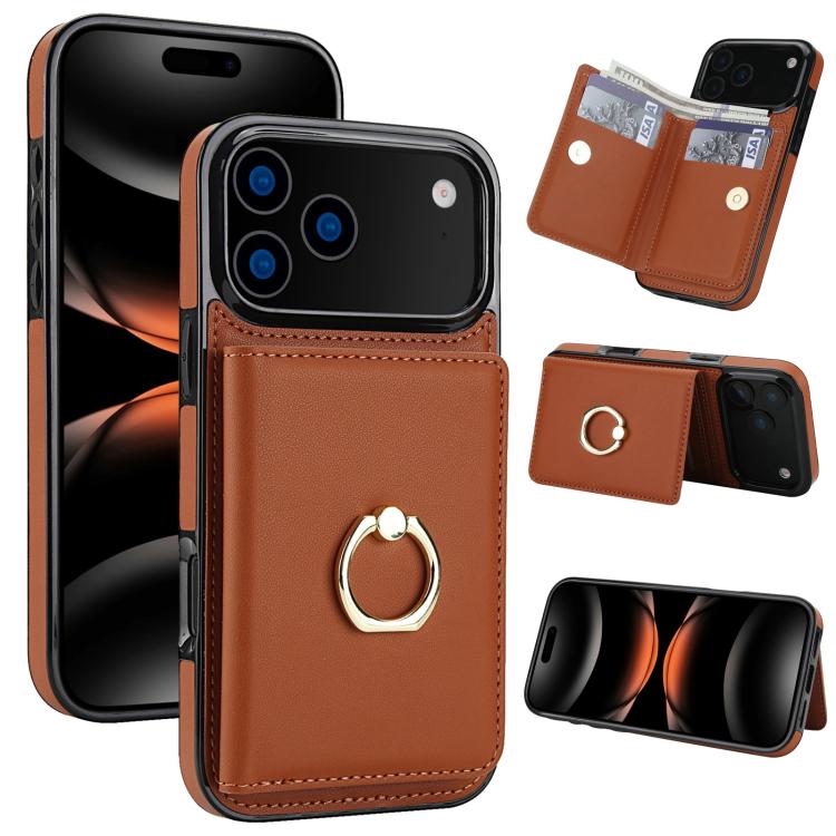 For iPhone 17 Pro Max RFID Anti-theft Card Ring Holder Phone Case(Brown)