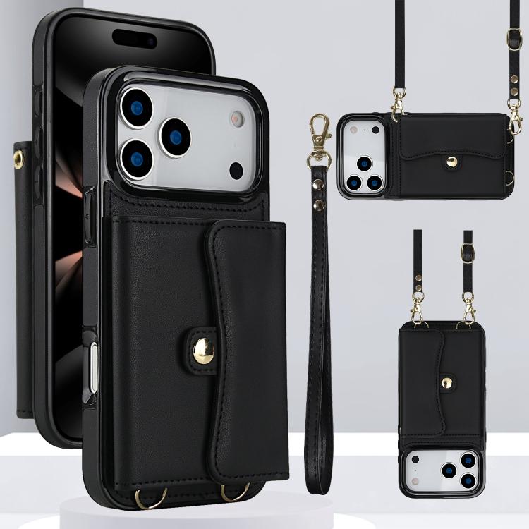 For iPhone 17 Pro Max RFID Card Slot Phone Case with Long Lanyard(Black)