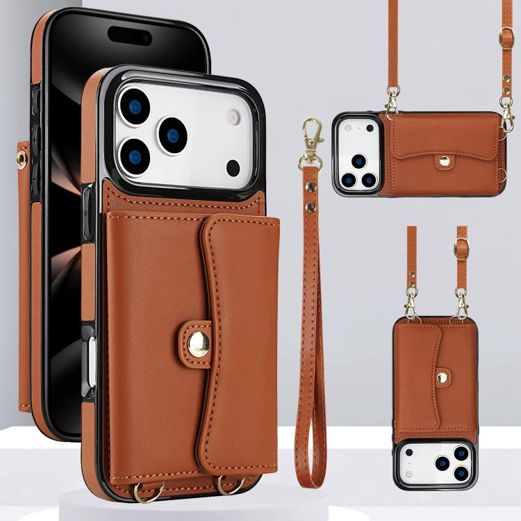 For iPhone 17 Pro Max RFID Card Slot Phone Case with Long Lanyard(Brown)
