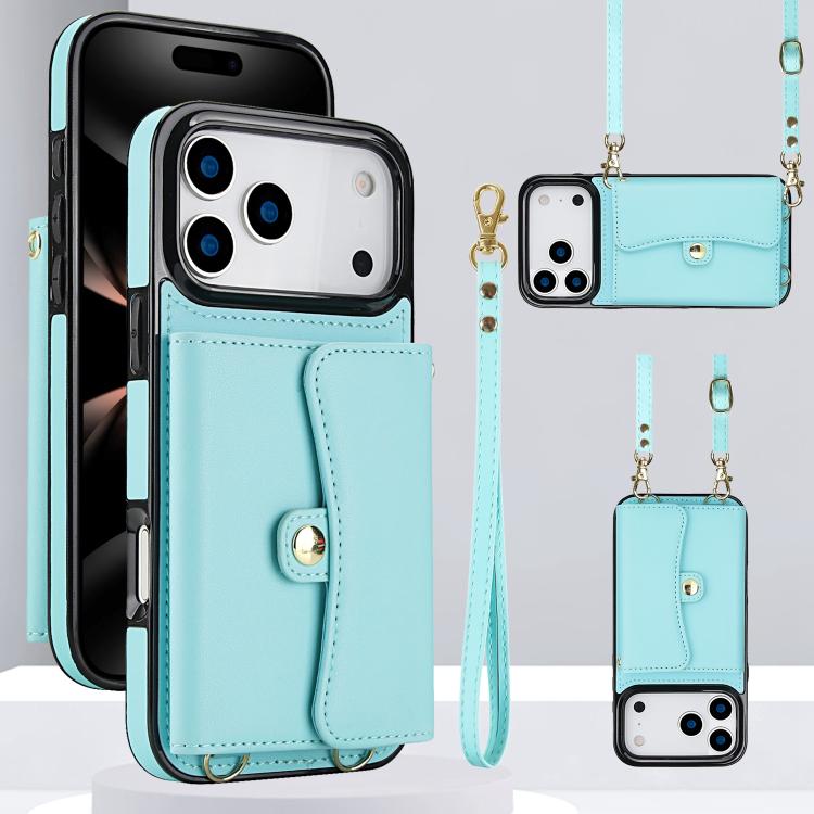 For iPhone 17 Pro Max RFID Card Slot Phone Case with Long Lanyard(Mint Green)