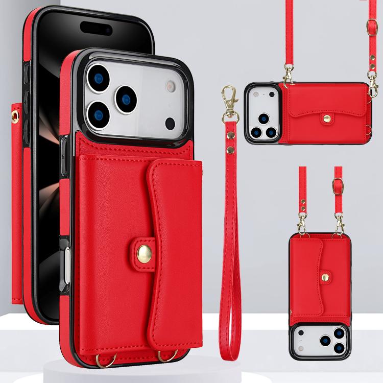 For iPhone 17 Pro Max RFID Card Slot Phone Case with Long Lanyard(Red)