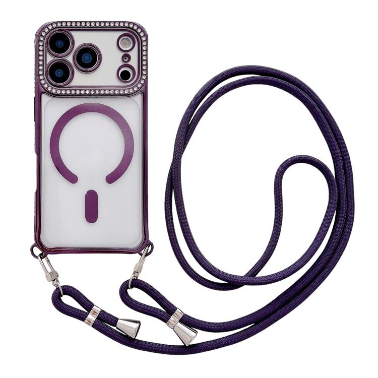 For iPhone 17 Pro Max Rhinestone Clear Acrylic Electroplated Magnetic Phone Case with Neck Lanyard(Purple)