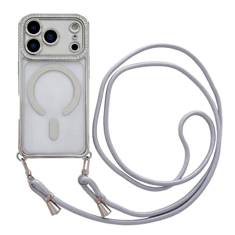 For iPhone 17 Pro Max Rhinestone Clear Acrylic Electroplated Magnetic Phone Case with Neck Lanyard(Silver)