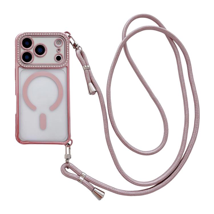 For iPhone 17 Pro Max Rhinestone Clear Acrylic Electroplated Magnetic Phone Case with Right-Side Crossbody Lanyard(Pink)