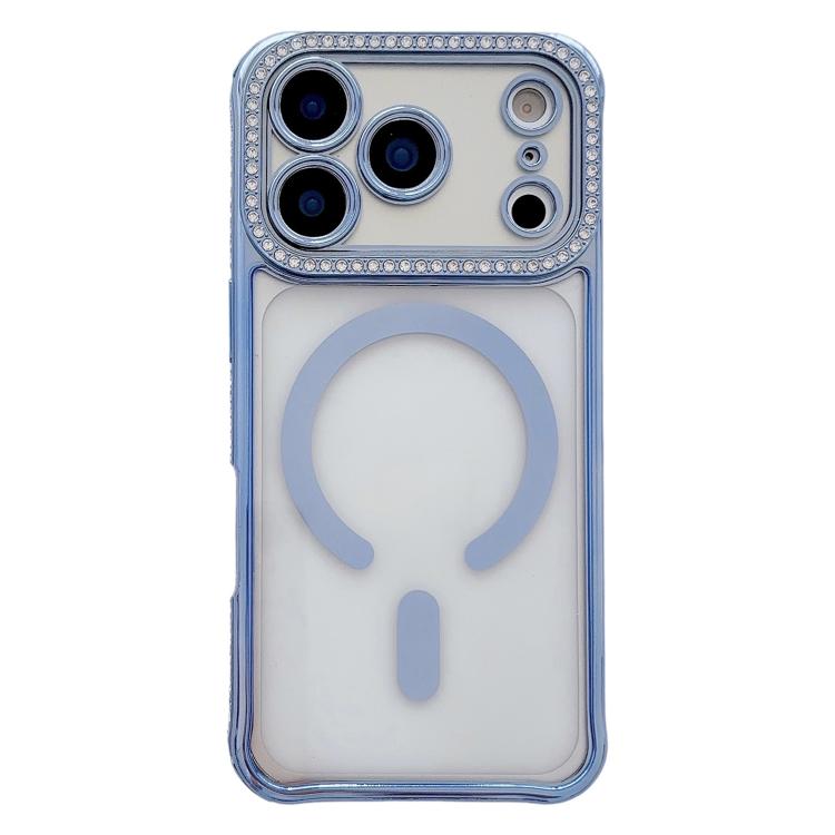 For iPhone 17 Pro Max Rhinestone Clear Acrylic Electroplated Magnetic Phone Case(Blue)
