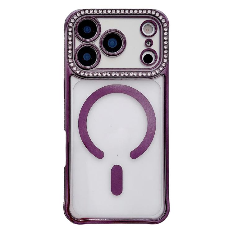 For iPhone 17 Pro Max Rhinestone Clear Acrylic Electroplated Magnetic Phone Case(Purple)