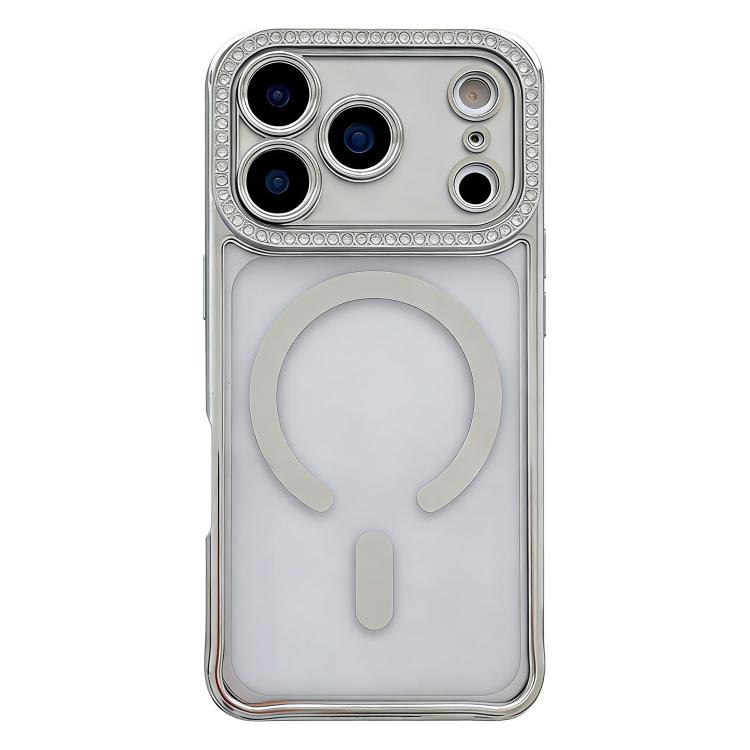 For iPhone 17 Pro Max Rhinestone Clear Acrylic Electroplated Magnetic Phone Case(Silver)
