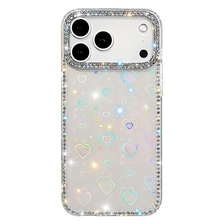 For iPhone 17 Pro Max Rhinestone Dual-side IMD PC Hybrid TPU Phone Case(Heart Transparent)