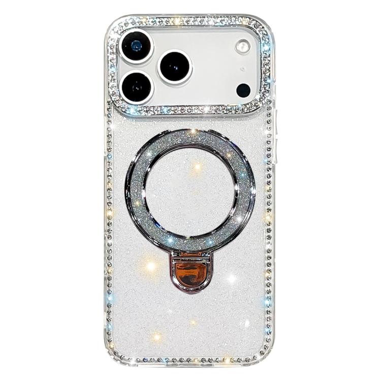 For iPhone 17 Pro Max Rhinestone Glitter Kickstand Dual-side IMD Phone Case(Glitter Transparent)