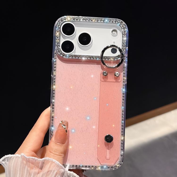 For iPhone 17 Pro Max Rhinestone Glitter Wristband Holder Phone Case(Glitter Light Pink)