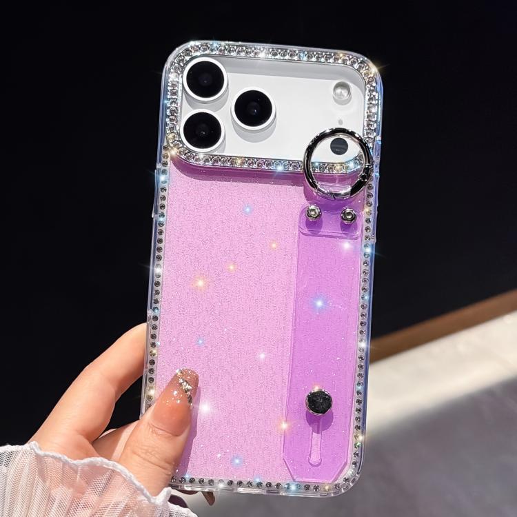 For iPhone 17 Pro Max Rhinestone Glitter Wristband Holder Phone Case(Glitter Light Purple)