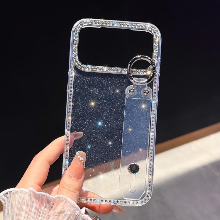 For iPhone 17 Pro Max Rhinestone Glitter Wristband Holder Phone Case(Glitter Transparent)
