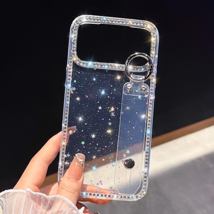 For iPhone 17 Pro Max Rhinestone Glitter Wristband Holder Phone Case(Glittering Stars)