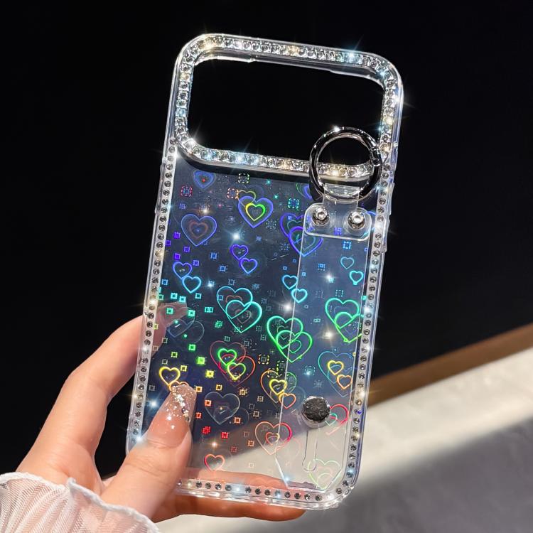 For iPhone 17 Pro Max Rhinestone Glitter Wristband Holder Phone Case(Love Transparent)