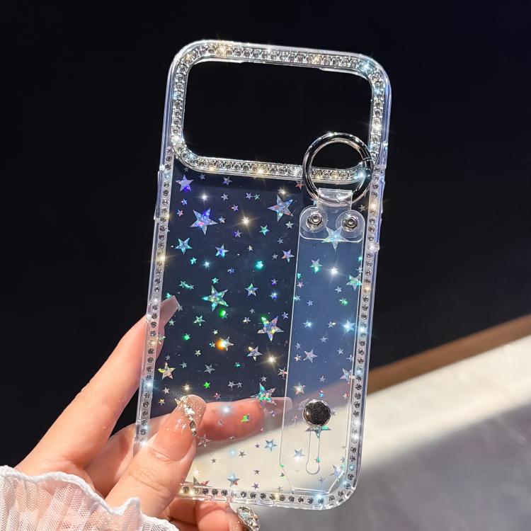 For iPhone 17 Pro Max Rhinestone Glitter Wristband Holder Phone Case(Transparent stars)