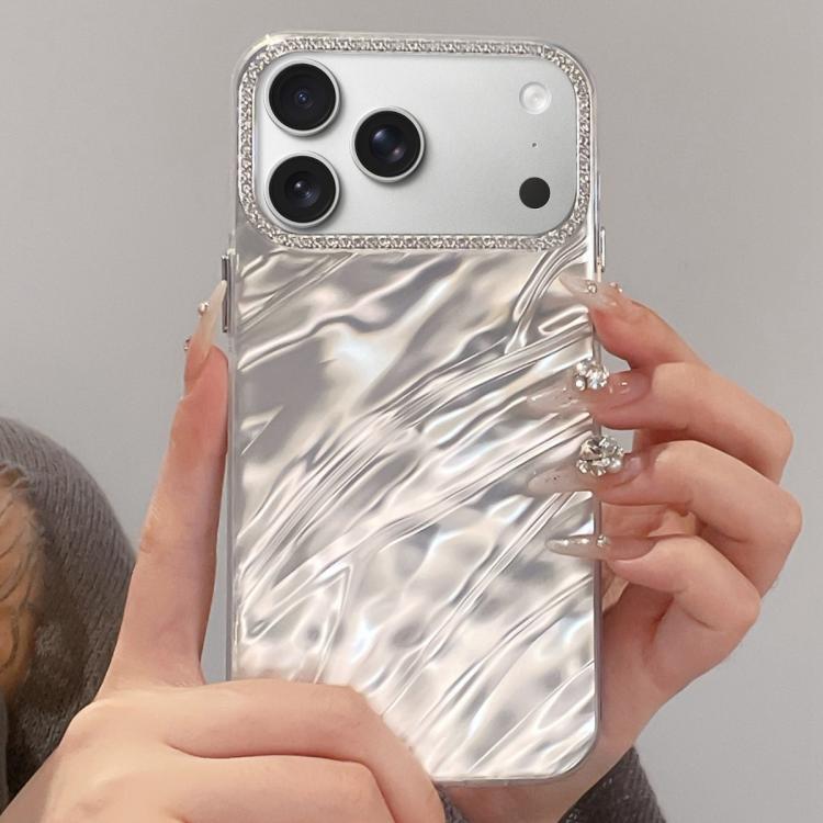 For iPhone 17 Pro Max Rhinestone Lens Frame Wrinkled Design Phone Case(Transparent)