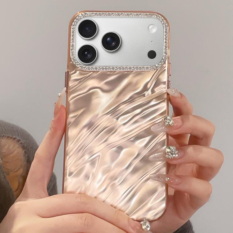 For iPhone 17 Pro Max Rhinestone Lens Frame Wrinkled Design Phone Case(Transparent Pink)