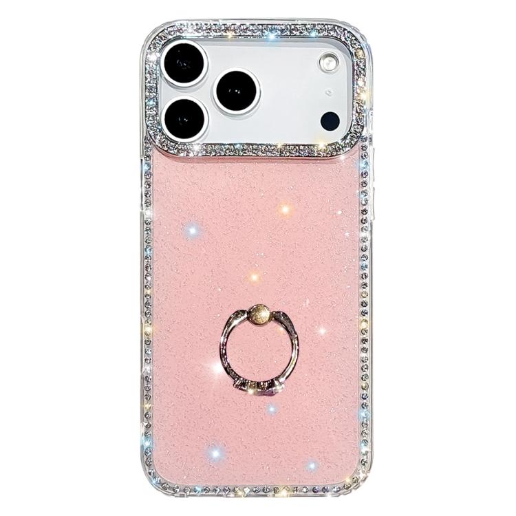 For iPhone 17 Pro Max Rhinestone Ring Holder Dual-side IMD PC Hybrid TPU Phone Case(Glitter Light Pink)
