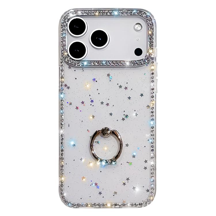 For iPhone 17 Pro Max Rhinestone Ring Holder Dual-side IMD PC Hybrid TPU Phone Case(Glitter Stars)