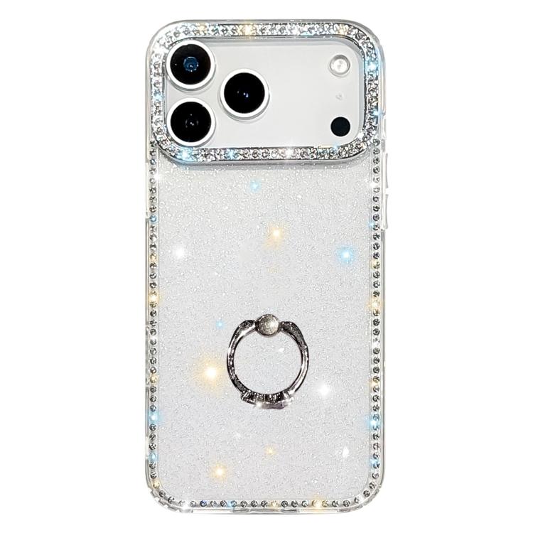 For iPhone 17 Pro Max Rhinestone Ring Holder Dual-side IMD PC Hybrid TPU Phone Case(Glitter Transparent)
