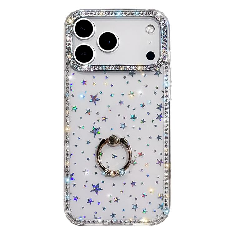 For iPhone 17 Pro Max Rhinestone Ring Holder Dual-side IMD PC Hybrid TPU Phone Case(Stars Transparent)