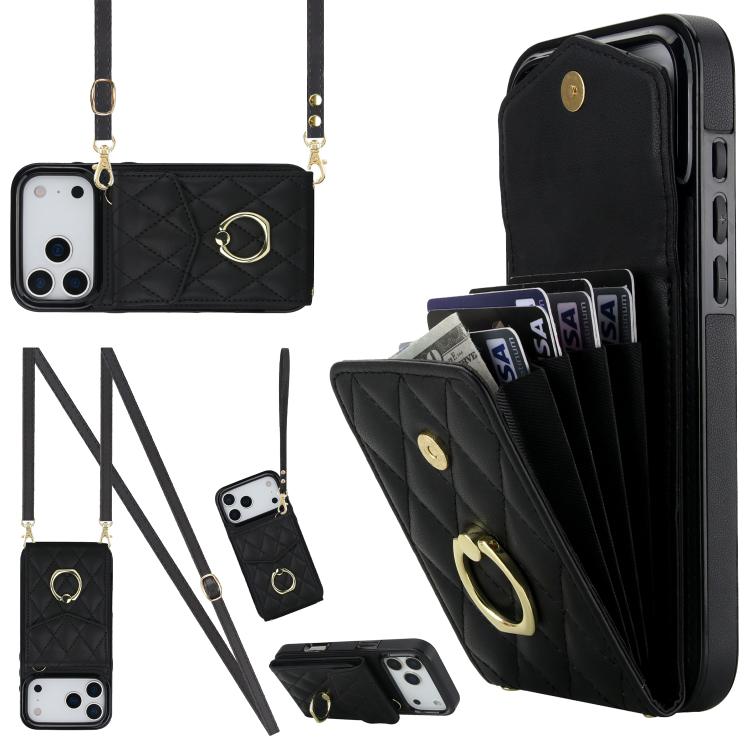 For iPhone 17 Pro Max Rhombic Texture Card Bag Phone Case with Long Lanyard(Black)