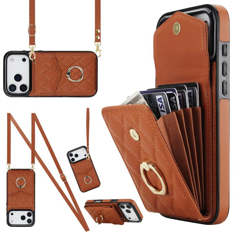 For iPhone 17 Pro Max Rhombic Texture Card Bag Phone Case with Long Lanyard(Brown)