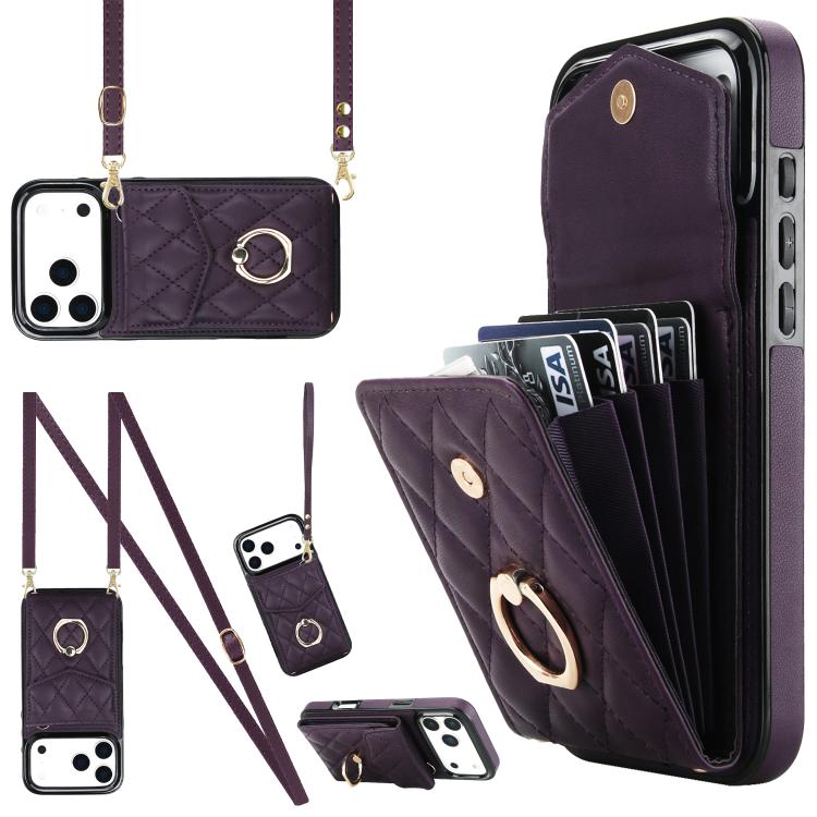 For iPhone 17 Pro Max Rhombic Texture Card Bag Phone Case with Long Lanyard(Dark Purple)