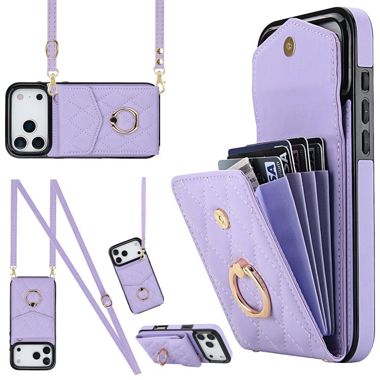 For iPhone 17 Pro Max Rhombic Texture Card Bag Phone Case with Long Lanyard(Light Purple)