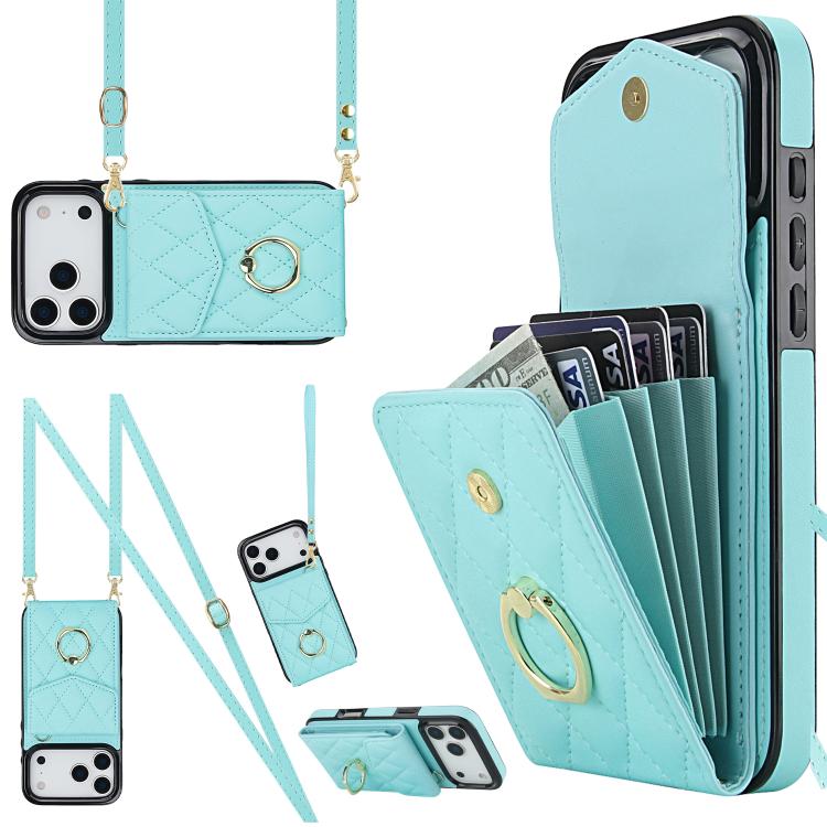 For iPhone 17 Pro Max Rhombic Texture Card Bag Phone Case with Long Lanyard(Mint Green)