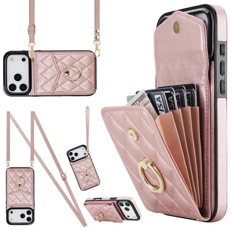 For iPhone 17 Pro Max Rhombic Texture Card Bag Phone Case with Long Lanyard(Rose Gold)