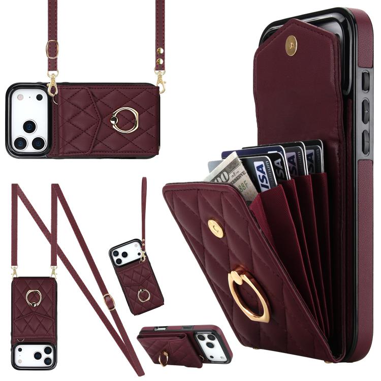 For iPhone 17 Pro Max Rhombic Texture Card Bag Phone Case with Long Lanyard(Wine Red)