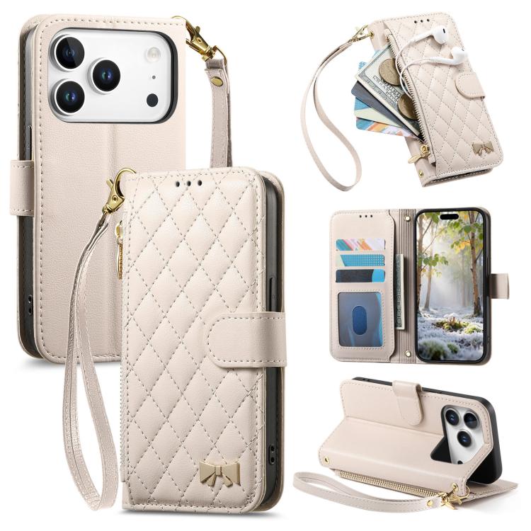 For iPhone 17 Pro Max Rhombic Texture Zipper Wallet Metal Bow-knot Vegan Leather Phone Case with Strap(Beige)