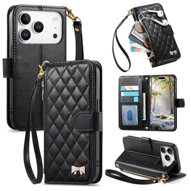 For iPhone 17 Pro Max Rhombic Texture Zipper Wallet Metal Bow-knot Vegan Leather Phone Case with Strap(Black)
