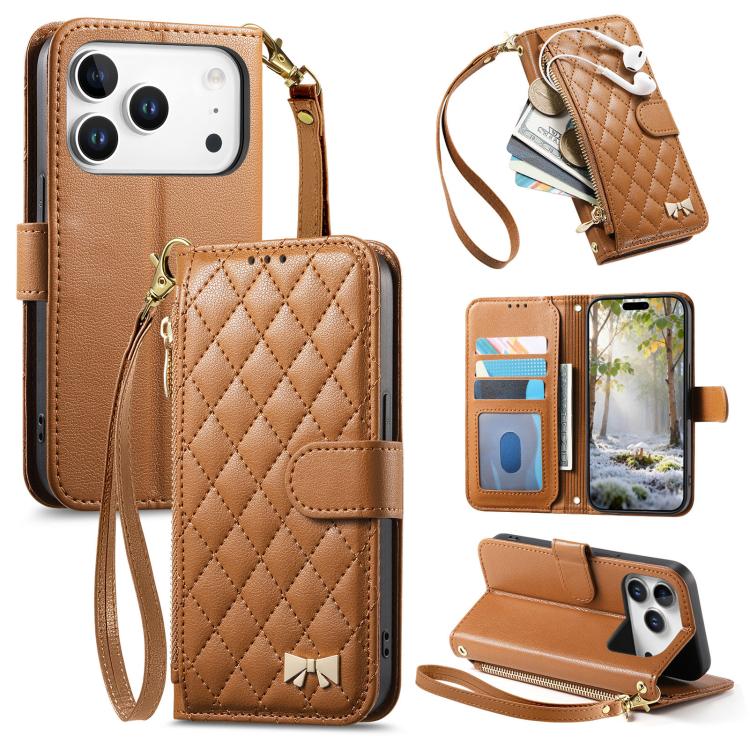 For iPhone 17 Pro Max Rhombic Texture Zipper Wallet Metal Bow-knot Vegan Leather Phone Case with Strap(Brown)