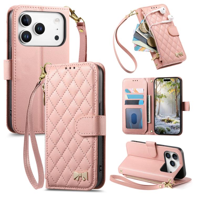 For iPhone 17 Pro Max Rhombic Texture Zipper Wallet Metal Bow-knot Vegan Leather Phone Case with Strap(Pink)