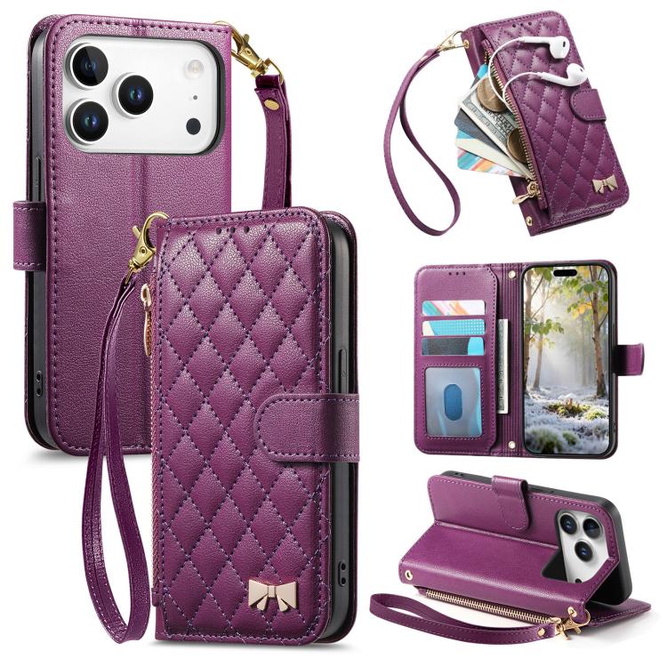 For iPhone 17 Pro Max Rhombic Texture Zipper Wallet Metal Bow-knot Vegan Leather Phone Case with Strap(Purple)