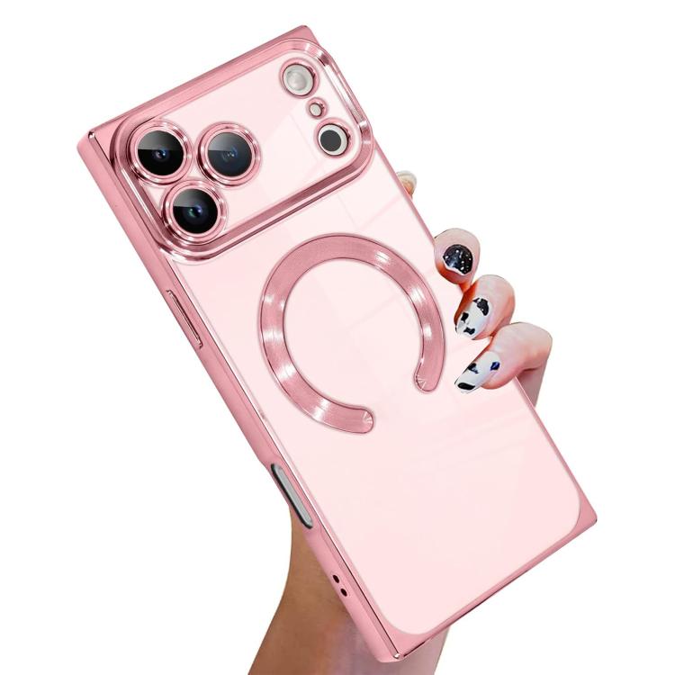 For iPhone 17 Pro Max Right Angle Square Electroplated CD Pattern TPU MagSafe Phone Case(Pink)