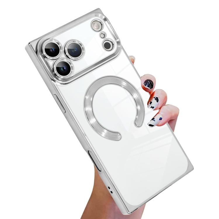 For iPhone 17 Pro Max Right Angle Square Electroplated CD Pattern TPU MagSafe Phone Case(Silver)
