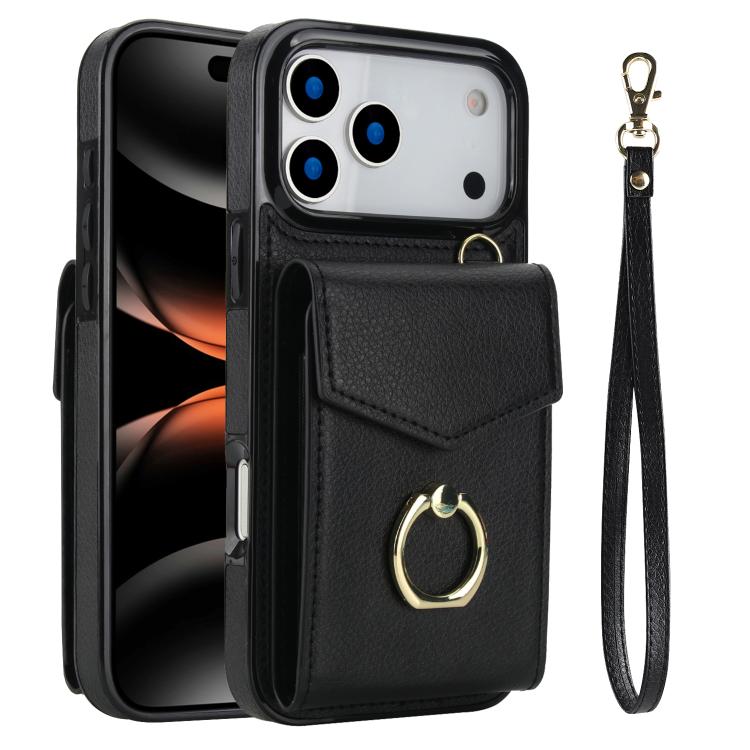 For iPhone 17 Pro Max Ring Holder RFID Card Slot Phone Case(Black)