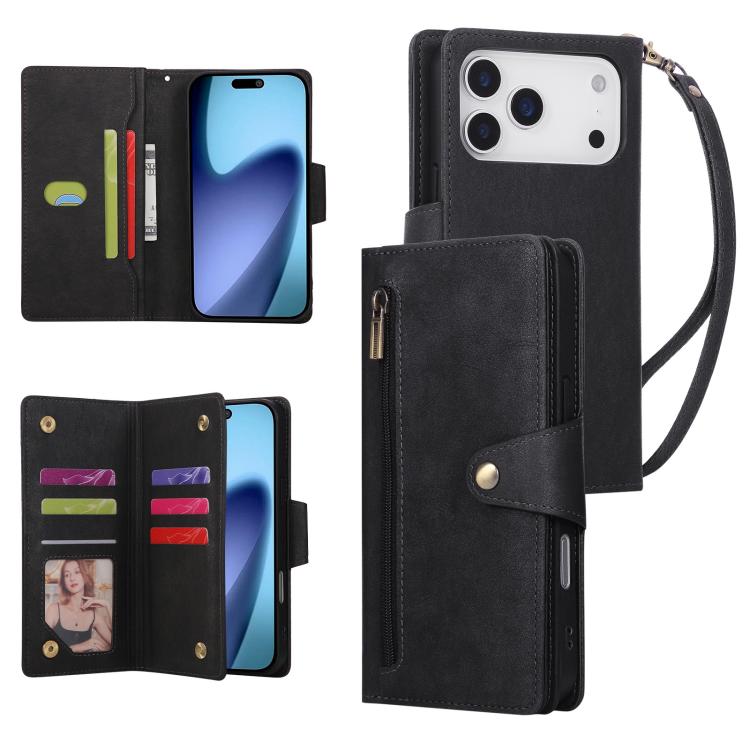 For iPhone 17 Pro Max Rivet Buckle 9 Cards Three Fold Leather Phone Case(Black)