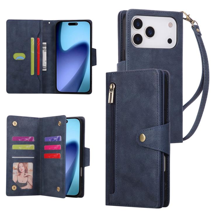 For iPhone 17 Pro Max Rivet Buckle 9 Cards Three Fold Leather Phone Case(Blue)